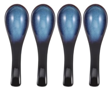ARTSEWPLY Lot de 4 Cuillères à Porridge Japonaises en Céramique Bleue Cat's Eye, Cuillères de Table Incurvées pour Soupe, Dessert et Usage Domestique, Design Traditionnel et Usage Quotidien