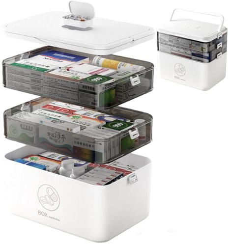 Xtrillogen Contenitore per medicinali a 3 ripiani con manici, grande scatola per medicinali in plastica, portatile, per farmacia domestica, multifunzione, cassetta per primo soccorso (30 × 24 × 16 cm)