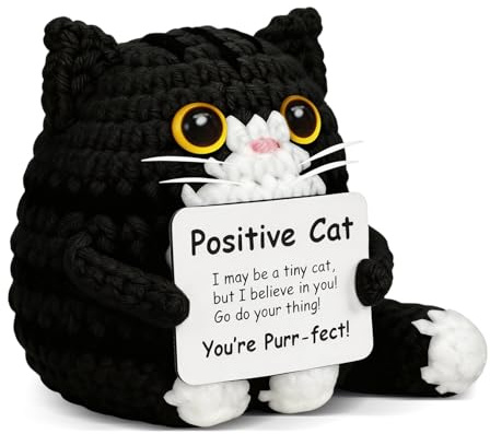 Glücksbringer Katze Schwarz, Positive Geschenk Katze Gehäkelt, Pocket Hug | Glücksbringer Häkelfigur Katze, Positive Cat Schwarz Weiß Gehäkelt, Schwarze Katze Gehäkelt Glückskatze mit Mutmacher Karte