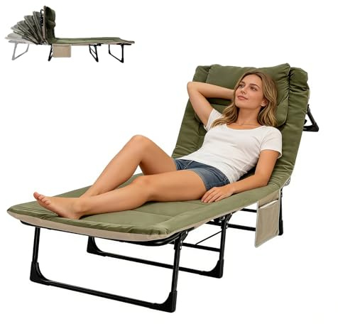 OVLRIJP Sonnenliege Klappbar mit Auflage, 6-Fach Verstellbar Klappbare Gartenliege Liegestuhl, Campingliege mit Seitentasche, Feldbett Campingbett, Outdoor Liege für Balkon Garten Camping (Grün)