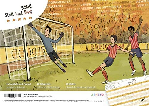 arheko Stadt Land Fußball - Kreatives Quiz für Fans und Experten - 55 Seiten Block - 26 Kategorien im DIN A4 Format – Spiel, Geschenk für Fußballfans