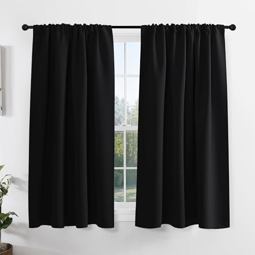 PONY DANCE Blackout Window Curtains for Bedroom - Thermal Insulated Curtain Drapes for Winter, Short Rod Pocket Blinds for Kitchen/Living Room, W 42 x L 54 inches, Black, One Pair