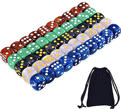 AUSTOR 6-Seitige Würfel Set (mit einem Beutel) 5 Perle Farben 50 Stück Abgerundete Kanten Würfel für Spiel und Lehre Mathe