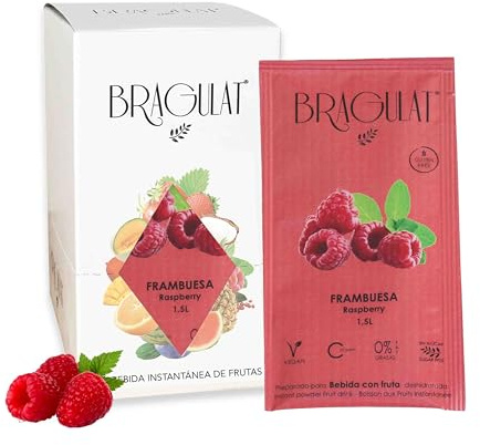 BRAGULAT/Saborizantes de agua Sin Azucar, con fruta deshidratada, Vitamina C y B12, colorantes y sabores naturales (15 Sobres Frambuesa)