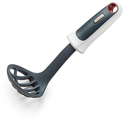 Zyliss Mini Masher & Scoop, 7.5 – Gray/White Handheld Miniature Potato Masher for Baby Food & Guacamole, Ergonomic Non‑Slip Handle, Compact Head Fits Small Bowls, Hanging Loop Kitchen Tool
