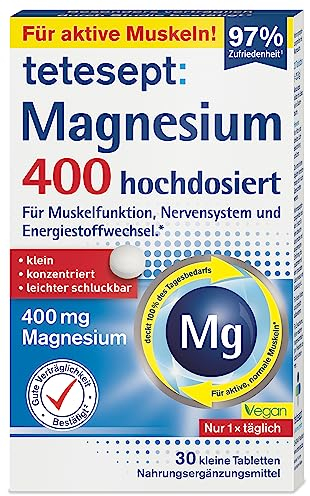 tetesept Magnesium 400 hochdosiert – Nahrungsergänzungsmittel mit Magnesium – leicht schluckbare Magnesium Tabletten für aktive, normale Muskeln*– 1 x 30 Tabletten