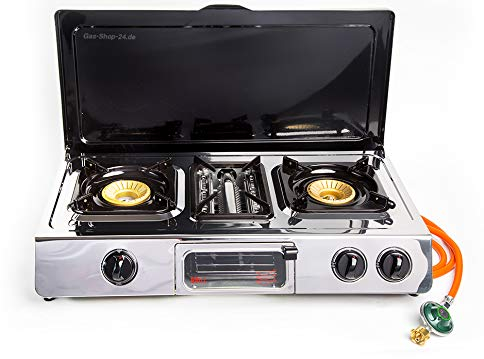 Wokbrenner/Gaskocher 9,7 KW Edelstahl f. Propangas mit Grill (Asia Kocher, Gastrokocher, Gasherd, Campingkocher, Outdoorkocher Camping Oberhitzegrill Not-Kocher 30 50 mbar)