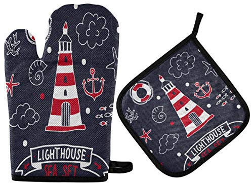 Ofenhandschuhe, Topflappen-Set, nautisches Leuchtturm-Meeres-Set, hitzebeständige Küchenhandschuhe, heiße Pads für Grillen, Kochen, Backen, Grillpfannen