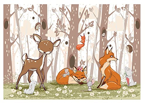 Fototapete Kinderzimmer Tiere Wald Mädchen Jungen Wandtapete Vlies Tapete Latexdruck UV-Beständig Geruchsfrei Hohe Auflösung Montagefertig (13937, V8 (368x254 cm) 4 Bahnen)