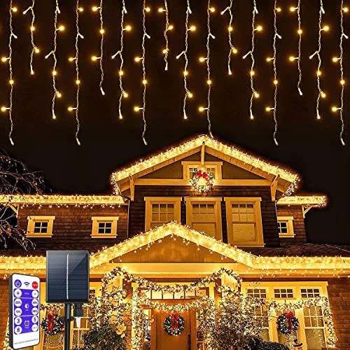 Solar led Navidad Luces de Carámbano, 7M 32 Hilos Exterior Cortina de Luz 8 Modos Cadena de Hadas Decoraciones Impermeables interior Guirnaldas luminosas para Casa,Jardín,Habitación,Fiesta decoración