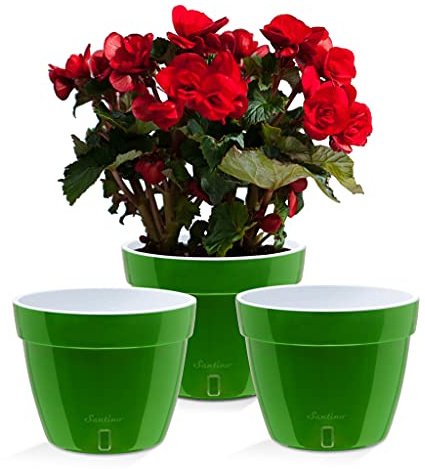 Santino ASTI - Set de 3 Macetas con Riego Automático con Indicador de Nivel de Agua, Redondas, para Interior, para Plantas, Flores, Hierbas (Ø 18 cm, Altura 14 cm, 2,5 L, Verde/Blanco)