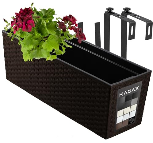 KADAX Blomlåda av plast, 18,5 x 56 cm, växtlåda med insats, väderbeständig balkonglåda, rektangulär blomkruka för utomhusbruk (med hållare, rottingmönster, mocka)