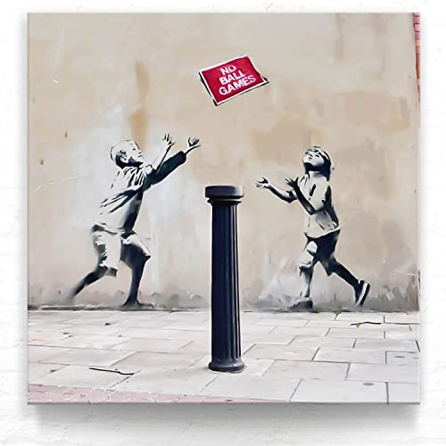 Banksy Leinwand Bild 'No Ball Games' als Wandbild, 80x80cm Groß, Graffiti Kunst im Banksy-Style als Kunstdruck zur Wand-Deko für Wohnzimmer, Büro