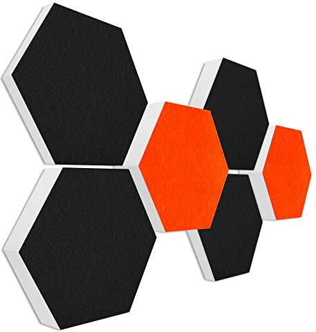 platino24 Schallabsorber COLORE aus Basotec G+ I Akustikpaneele mit Akustikfilz I 3D Wand-Paneele mit 6 Waben in Orange & Schwarz I Akustikplatten zur Schalldämmung in Büro, Studio & Wohnung