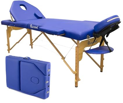 QUIRUMED Elite Klappmassageliege aus Holz, Farbe Blau, 194 x 70 cm, Kunstleder, tragbar, klappbare Rückenlehne, Abnehmbarer Kopf, Gesichtsloch, höhenverstellbar, bis zu 150 kg