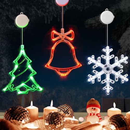 LOLStar Christmas Window Decorations,3 Pack Jingle Bell,Christmas Tree,Snowflake Christmas Window Lights with Suction Cup, Timer Function & Slow Fade Mode Battery Operated Indoor Lights for Christmas | Jingling Bell, Christmas Tree, Snowflake Christmas Lights With Suction Cup, Timer Function & Slow Fade Mode Battery Operated