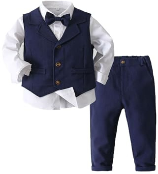 Zaldita Baby pojkar kläder set festlig långärmad skjorta väst smoking byxor gentleman kläder set födelsedag fest bröllop, I marinblå, 104-110