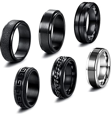 JeweBella 6 Stück Edelstahl Ringe für Herren Vintage Breit Schwarz Ringe Drehbare Kette Ring Vintage Spinner Ring Männer Hochzeitsversprechen Band Ringe Größe 54-70