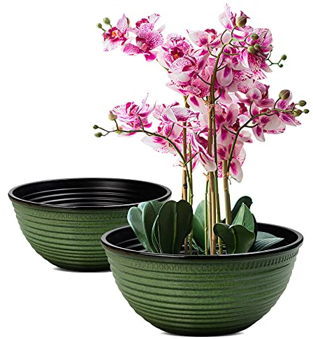 RICH ATLAS Paquete de 2 macetas de 10 pulgadas, macetas decorativas duraderas con agujero de drenaje para plantas de interior y exterior, flores, suculentas, verde