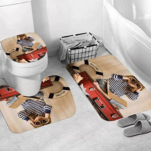Badteppich 3 Stück Weiche saugfähige Badematten,Kleines Mädchen, das ein Teleskop hält, das auf einem Gepäck-Rettungsring sitzt,Rutschfeste Badematte Teppiche & Toilettendeckelabdeckung Set Waschbar