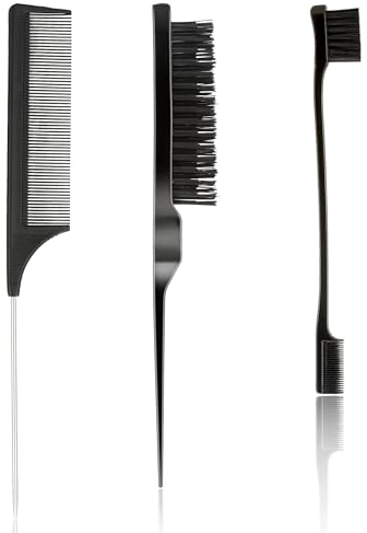 Set di spazzole per capelli, pettine a coda di topo, controllo dei bordi, spazzole per lisciare e lisciare le acconciature ricci, 3 pezzi, nero
