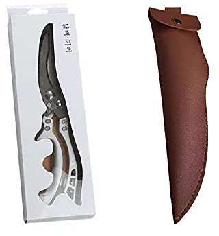 Kitchen Scissors, Kitchen Knife Knives Chicken Bone Scissors Duck Fish Cutter Shears Stainless Steel Scissors Scale Cook Scissors Utility Knife (Color : Brown Leather case)