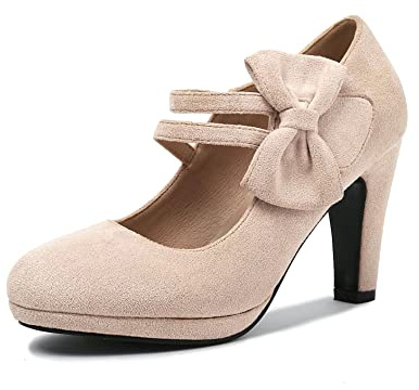 elerhythm Mary Jane Heels med rosett retro stängd rund tå pumps mocka chic fluga vintage Gatsby skor, NAKEN, 40 EU