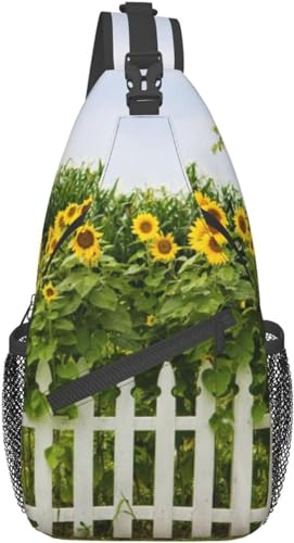 KWQDOZF Sling-Rucksack Umhängetasche Brusttaschen Sonnenblumen weißer Lattenzaun-Aufdruck Sling-Tasche für Reisen Sport