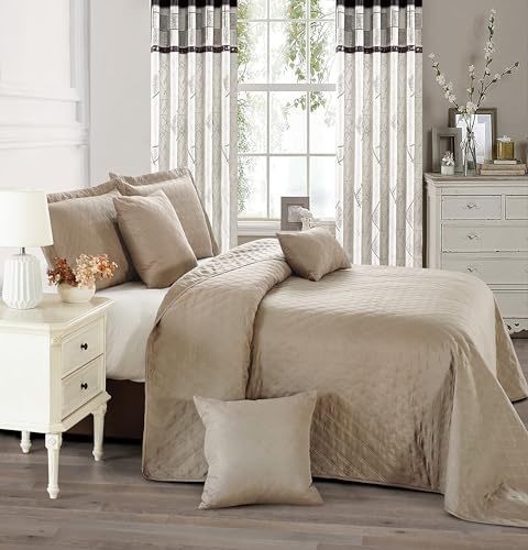 Best Linen Quilted Bedspreads Bed Throw 3 Pcs Embossed Coverlet Bedding Set Includes 1 Comforter & 2 Pillow Cases (Inspiration Beige, King)