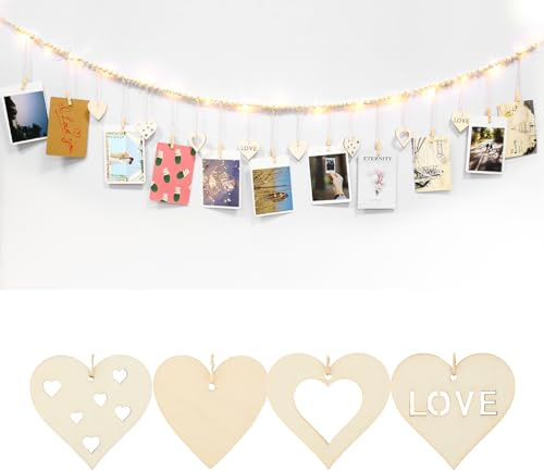 Wall Hanging Photo Display Rope with Clips and String Light, 158cm Boho Photo Hanging Rope DIY Picture Frame with Wooden Beads Garland and Heart Tags for Home Office Dorm Supplies Decoration