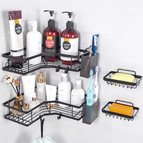 Fretrecy Ecke Duschablage Ohne Bohren 6 Stück - Rostfreier Duschregal mit Haken, Großer Kapazität Shampoo Duschgel Halterung für Badezimmer und Küche