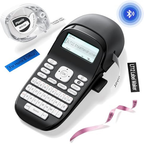 Phomemo Etikettendrucker LT12, Tragbares Bluetooth Handgerät beschriftungsgerät selbstklebend mit QWERTZ Tastatur & Einfache Textbearbeitung Ideal fürs Büro oder zu Hause, Grau
