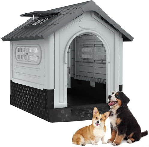 SUBTLETY Hundehütten 70.5x79.5x78cm PP Kunststoff Tierhäuser Bausatz mit wasserdichte Dach & Belüftungsöffnung Fenster & Erhöhtem Fußboden Haustierhütte für Draußen & Innen