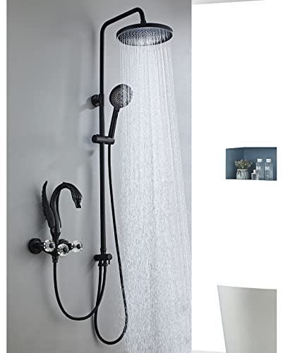 Système de Douche Black Swan Ensemble de Douche avec Pomme de Douche à Effet Pluie de 25 cm, douchette à Main 3 Modes, Robinet de Baignoire, Fixation Murale 3 Fonctions avec Colonne de douch