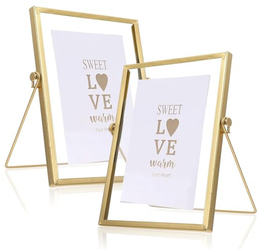 BOUFEIDA 2er Glasbilderrahmen A5, Bilderrahmen 15x20cm, Bilderrahmen Gold Stehend Glas, Retro Metall Fotorahmen Winkel der Klammer 40°für Fotos, Desktop-Deko, Pflanzenexemplen Tischdisplay