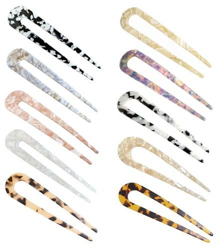 10 Stück U-Form Haarnadeln, Basicon Französische Haargabeln Schildkröte Legierung Schale U-Form Haarnadeln Clips Acetat Haarstäbchen für Frauen Mädchen Haarbrötchen Chignon