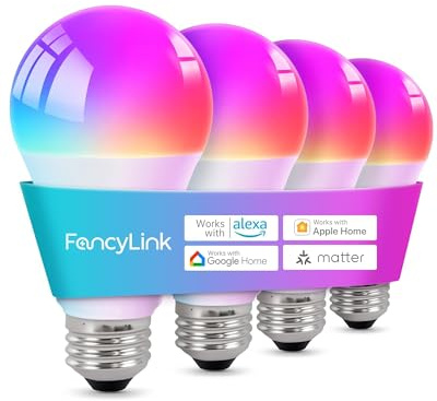Fancylink Matter Smart Light Bulbs, Color Changing Light Bulb, hub Required, A19 60W,2.4Ghz WiFi only,Compatible with Alexa Google Assistant, Apple Home,16 Million Colors RGBCW 800 Lumen,4 Pack