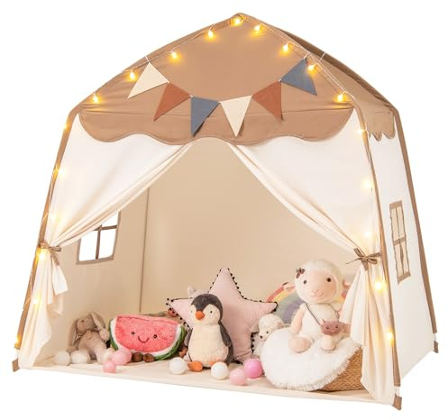 GYMAX Large Kids Tent, Toddler Play Tent with Flags and Globe String Lights, Outdoor Indoor Children Playhouse for 3-12 Years Old, 157x98x148cm (Beige + Coffee) | with Flags and Globe String Lights, Outdoor Indoor Children Playhouse for 3-12 Years Old, 157x98x148cm