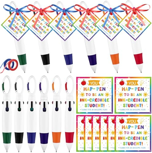 Haiabei 24 Set End of Year Gifts for Students Graduation Shuttle Pens 4-in-1 Multicolor Pen Retractable Ballpoint Pens with Buckle Keychain on Top End of Year Gift Tags Ribbon for Office Classroom