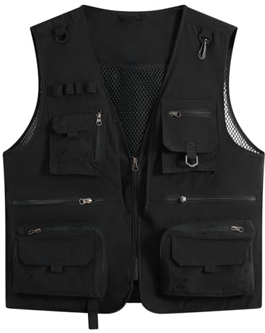 YOUTHUP Utility fiskeväst för män utomhus arbetsvästar sommar jakt fotografi safari Gilet, Svart, XXL