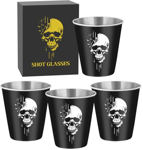 Edelstahl Schnapsgläser mit Weißer Totenkopf, 4er, Schnapsglas, Partybecher | Kleine Schnapsgläser, 4 Stück, 70ml, Stapelbar Trinkbecher, mit Geschenkbox, Vatertagsgeschenk, Geschenke für Gothic-Fans