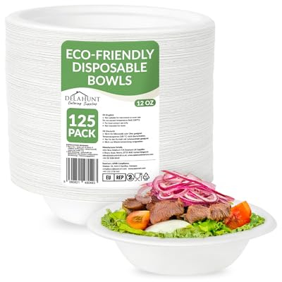 12oz (350ml) Disposable Bowls [125 Pack] - Heavy-Duty Bowls Made from Moulded Plant Fibre | Strong, White, PFAS & BPA-Free Compostable Tableware for Hot Food, Pasta, Salad, Dessert, Parties & Catering