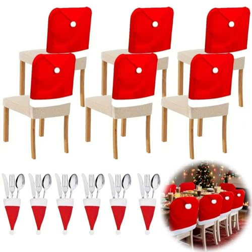 Aocster Stuhlhussen Weihnachten 6er Set, 6 Stück Weihnachtsdekoration Weihnachtsstuhlbezug mit 6 Weihnachtsmütze, Weihnachts stuhlhussen Stuhlbezug Weihnachten Stuhlhussen für Neujahr Weihnachtsfeier