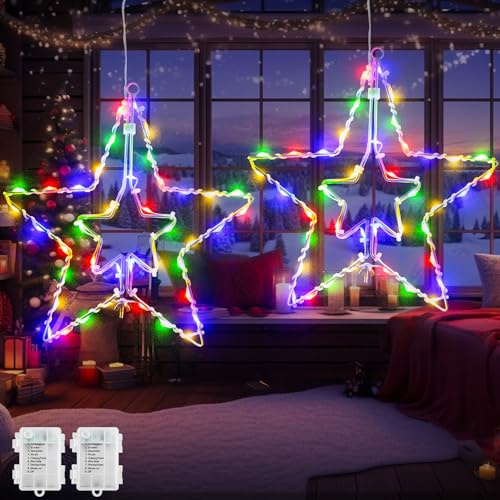 FFZZKJ Christmas Star Window Lights Indoor, Big Star with Timer/8 Modes/Battery&USB Operated for Christmas Window Decorations, Multi-Coloured, 2 Packs