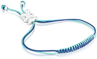 TOUS Pulsera de Cordón Turquesa y Azul Marino Para Mujer con Motivo de Oso de Plata de Primera Ley, Colección Bold Bear