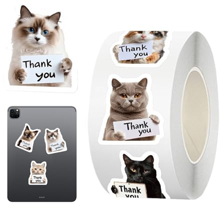 Penlimly Cat Thank You Stickers Roll - Thank You Waterproof Decoration,Skateboard Decal - for Teens Adults Laptop Water Bottle Phone Envelope Classroom Party Favors Small Business Packaging