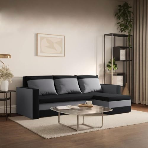 FORNIRO 24 Loft Ecksofa 225x130x75cm Schwarz-Grau Wohnzimmer Couch Modern | Mit Schlaffunktion & Bettkasten - L-Form - Kissen - Stoff Premium | ausziehbar Gäste bequem Stauraum Design hochwertig robust