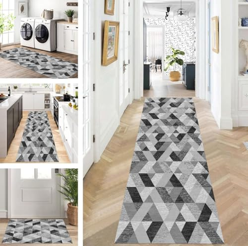 ZUZEKU Läufer Flur Küche Waschbar rutschfest 110X200cm Lang Schwarz Grau Küchenteppich Flurteppich Teppich Fur Korridor Wohnzimmer Schlafzimmer Meterware Anpassbar
