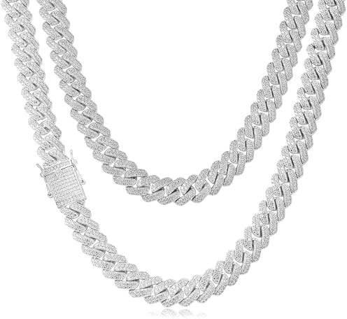 Esrael Mens Silver Chain Necklace Cuban Chains for Men 14mm Silver Iced Out Mens Chain Necklace Hip Hop Men's Jewellery Gifts 28Inch