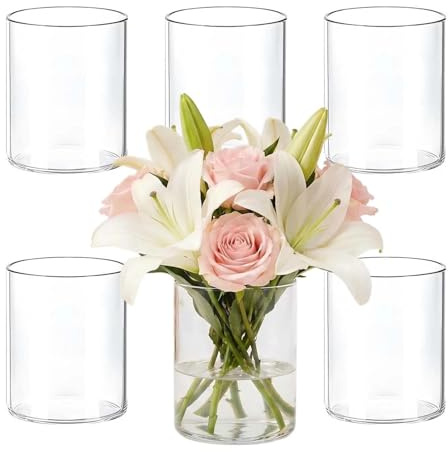 Glasvas-set, 6 cylindriska transparenta vaser för bröllop, bordsdekoration, ljushållare, blomarrangemang (10 cm, 6 st)